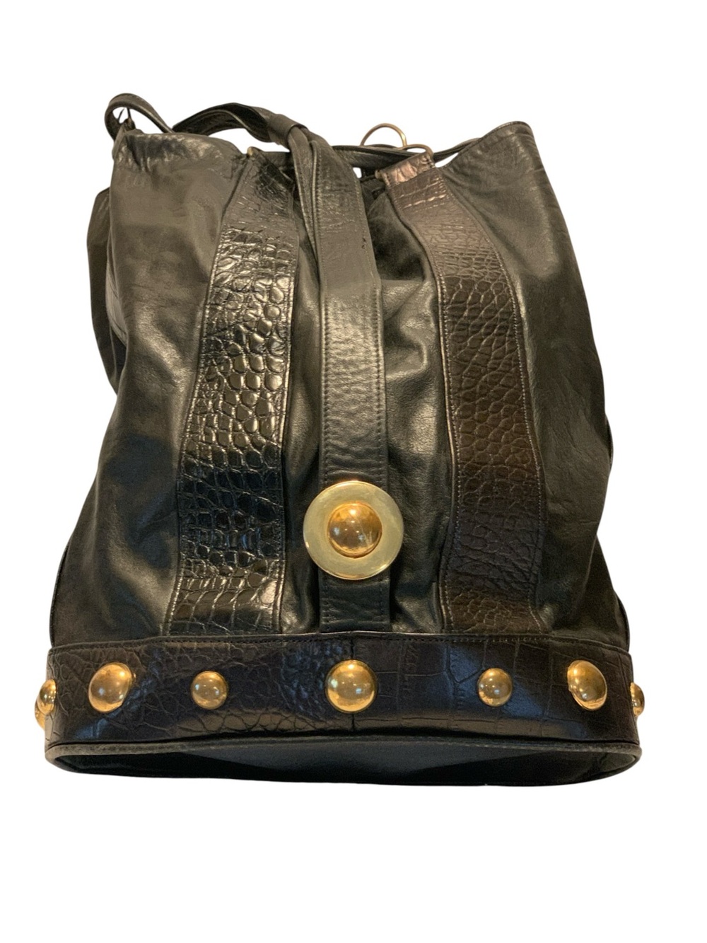 Black Leather Drawstring Backpack with Stud Accents very good condition - Picture 2 of 10